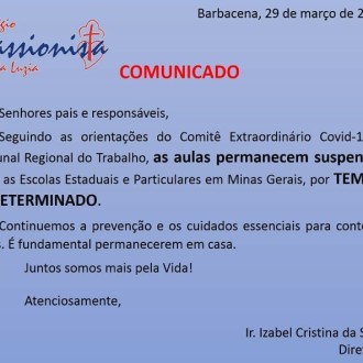 Comunicado - 29/03 - Colégio Passionista Santa Luzia Comunicado - 29/03 - Colégio Passionista Santa Luzia